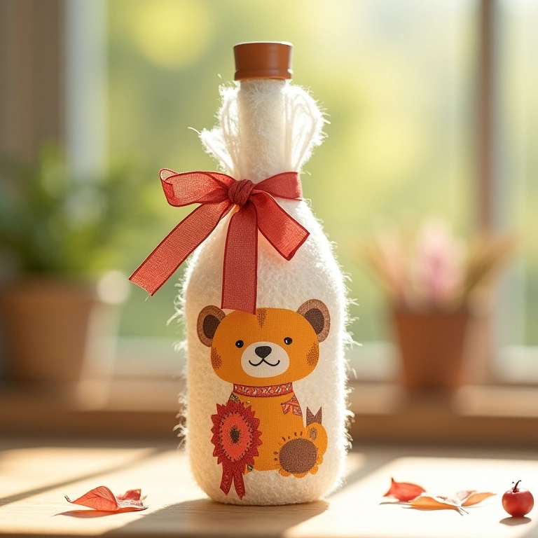Amigurumi de garrafa com decoupage embrulhado para presente.