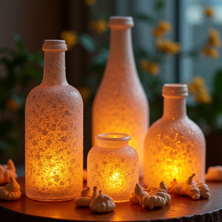 Amigurumi de garrafas de vidro transformadas em luminárias e vasos.