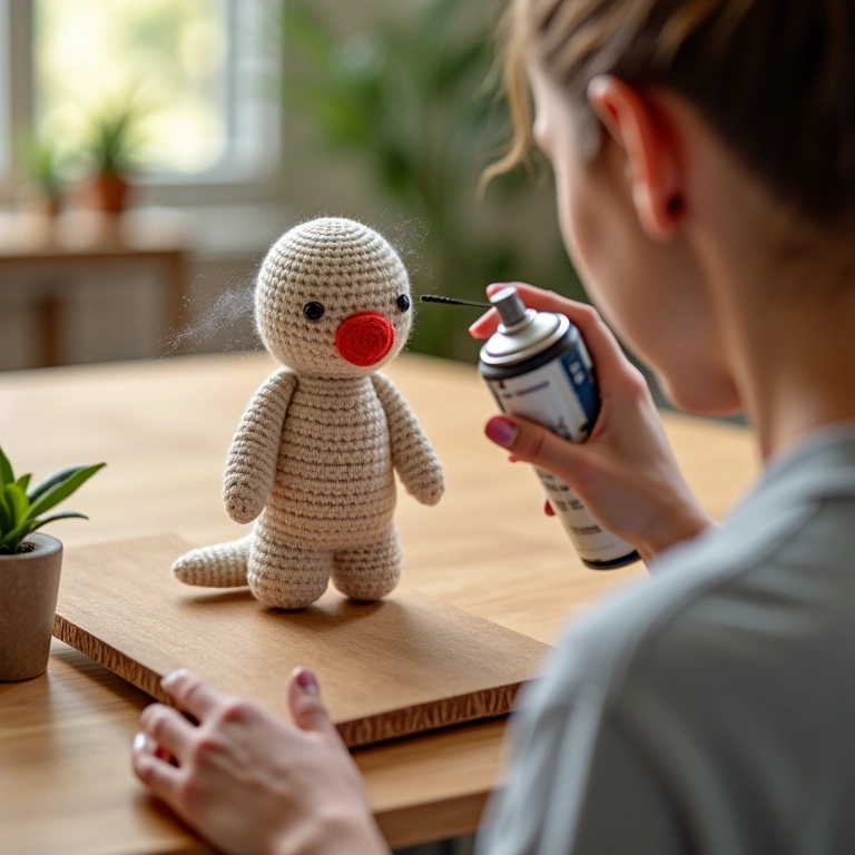 Amigurumi de lata de tinta spray pintando um frame de MDF também em crochê.