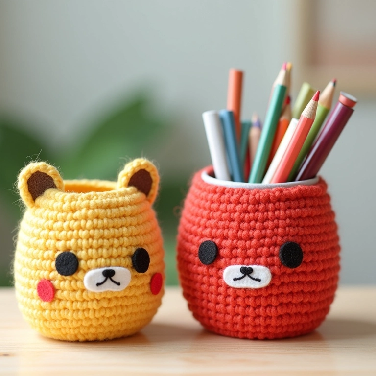 Amigurumi de latas usadas como porta-lápis e organizadores.