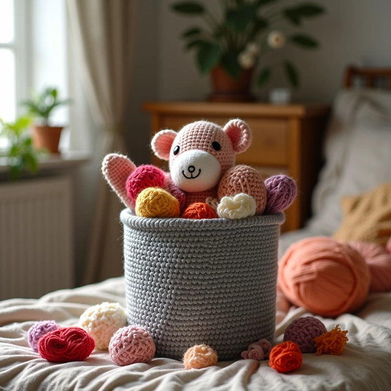 Amigurumi de lixeira transbordando com sobras de lã em um quarto aconchegante.