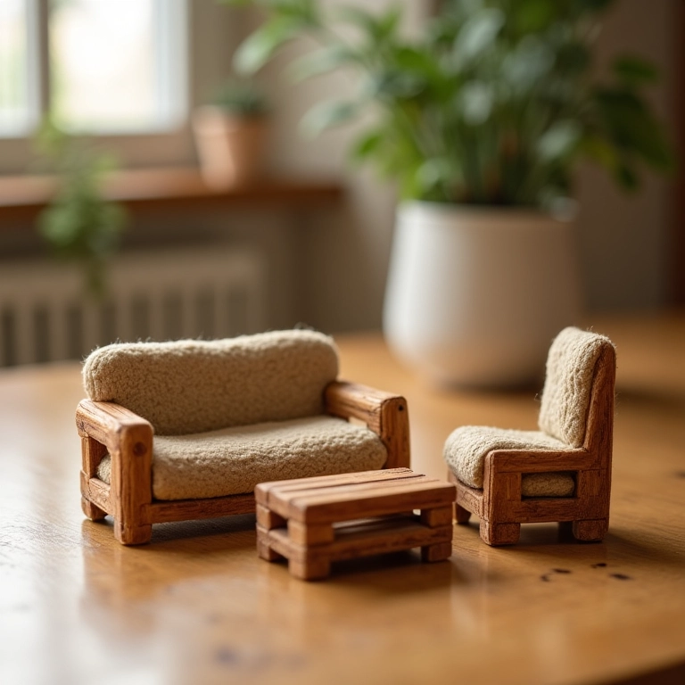 Amigurumi de móveis de pallet em miniatura.