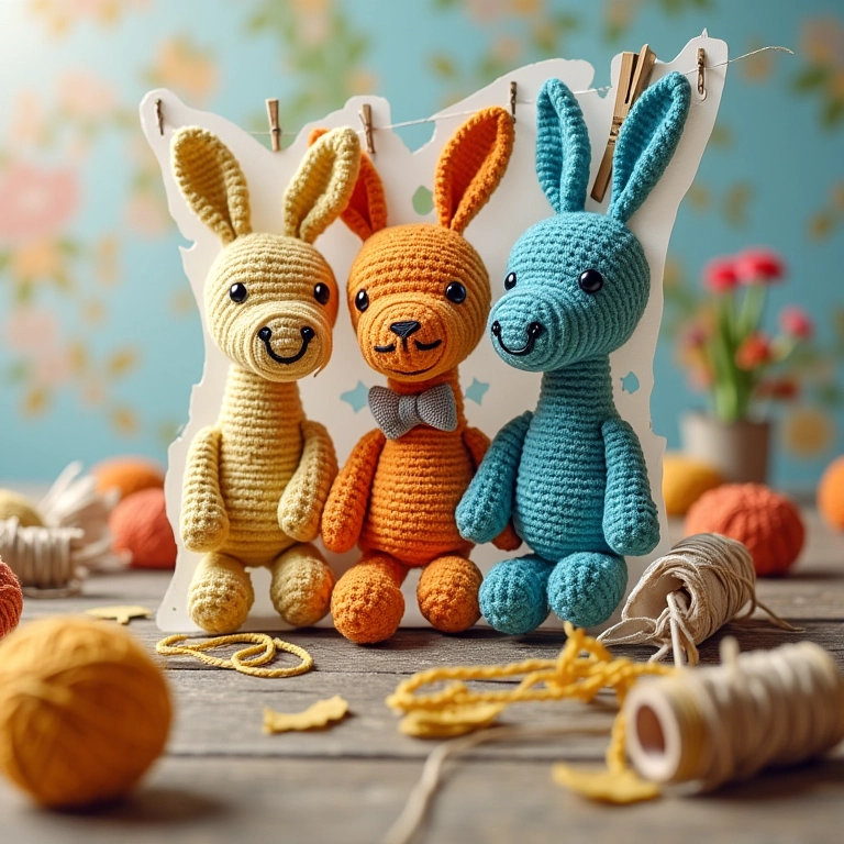 Amigurumi de mural de fotos com pregadores e barbante.