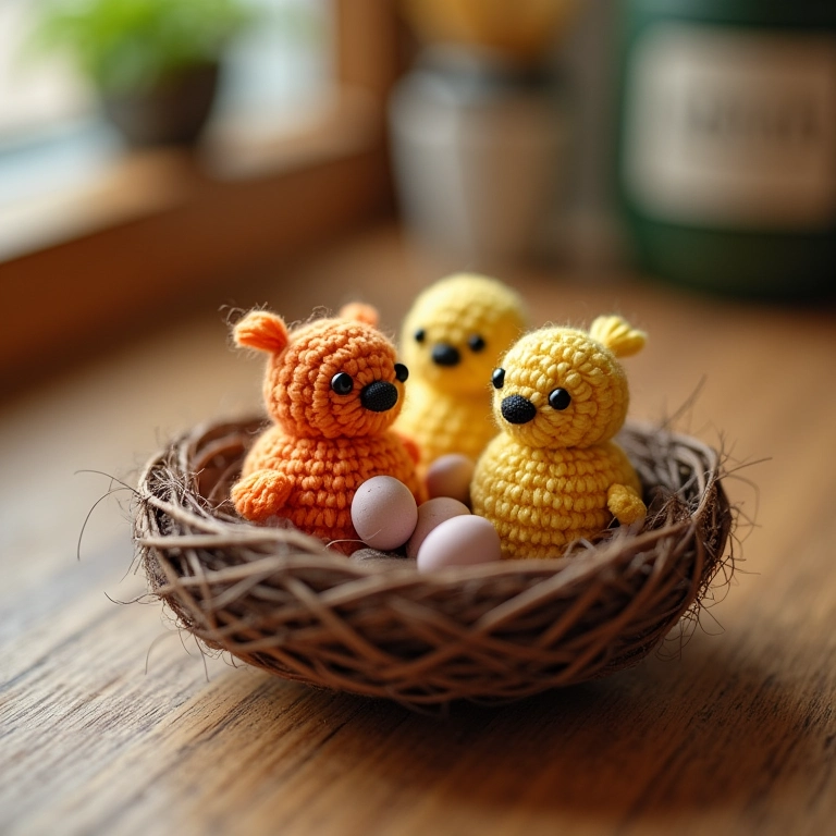 Amigurumi de ninho de passarinho com mini passarinhos e ovos.