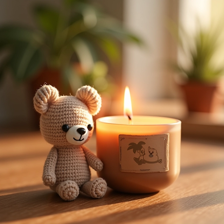 Amigurumi de pavio em vela de crochê em casca de coco, evitando que afunde.