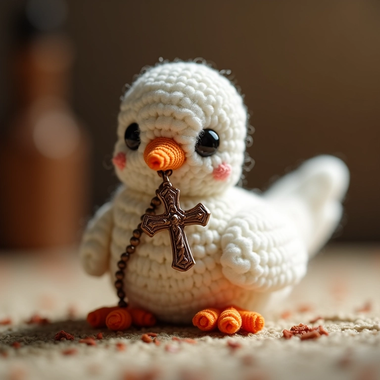 Amigurumi de pomba branca segurando um terço, ideal para lembrancinha de crisma.