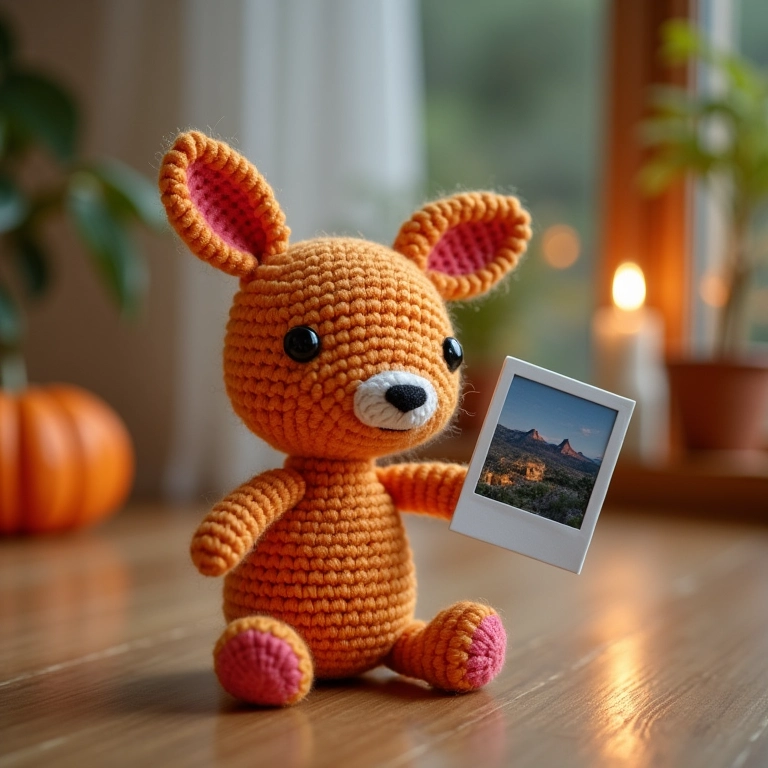 Amigurumi de porta-retrato de EVA com fotos polaroid em crochê.