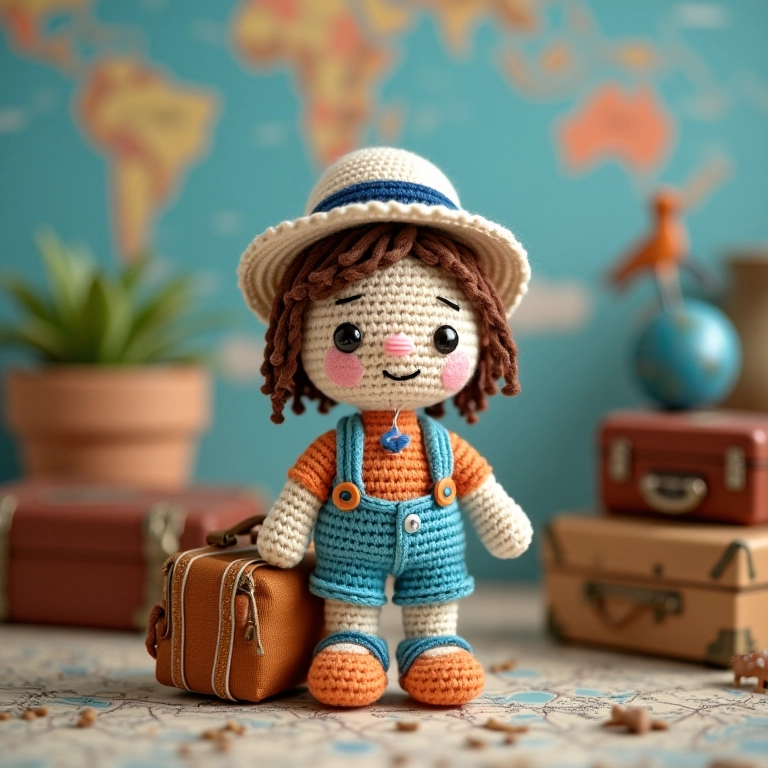 Amigurumi de porta-retrato de EVA com tema de viagem em crochê.