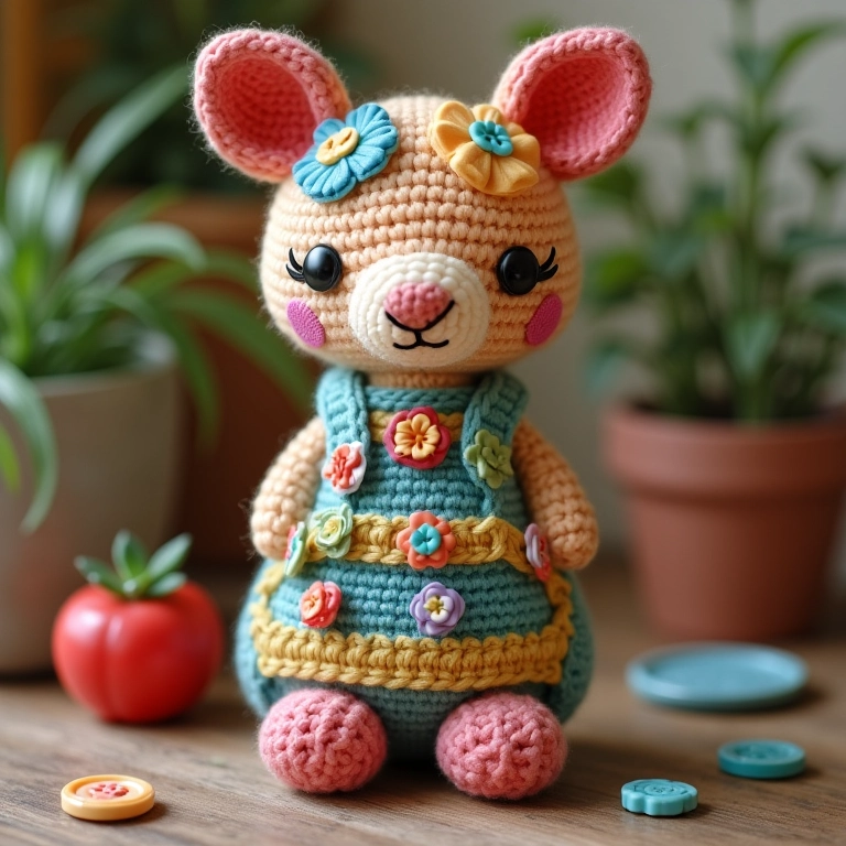 Amigurumi de porta-retrato de EVA em crochê com botões coloridos.