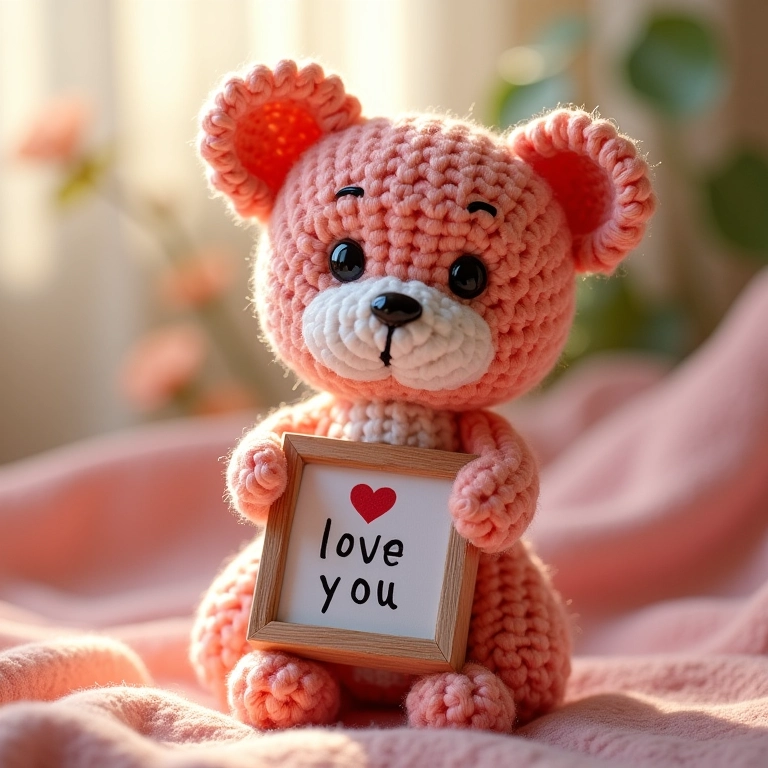 Amigurumi de porta-retrato de EVA em crochê com mensagem 'Eu te amo'.