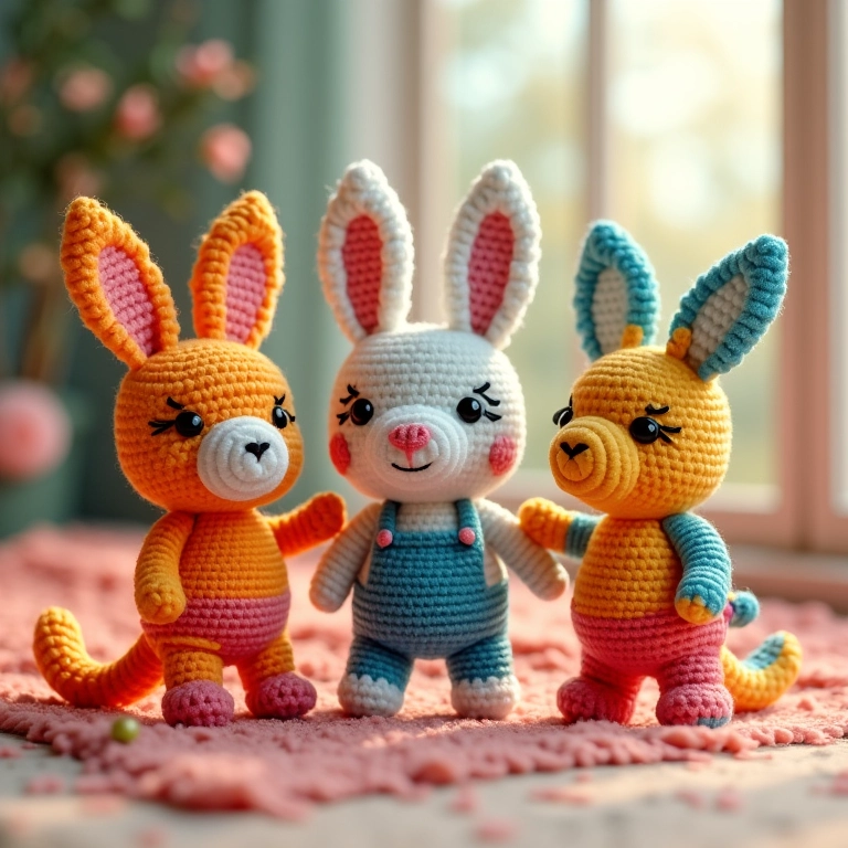 Amigurumi de porta-retrato de EVA em crochê com personagens de desenho.