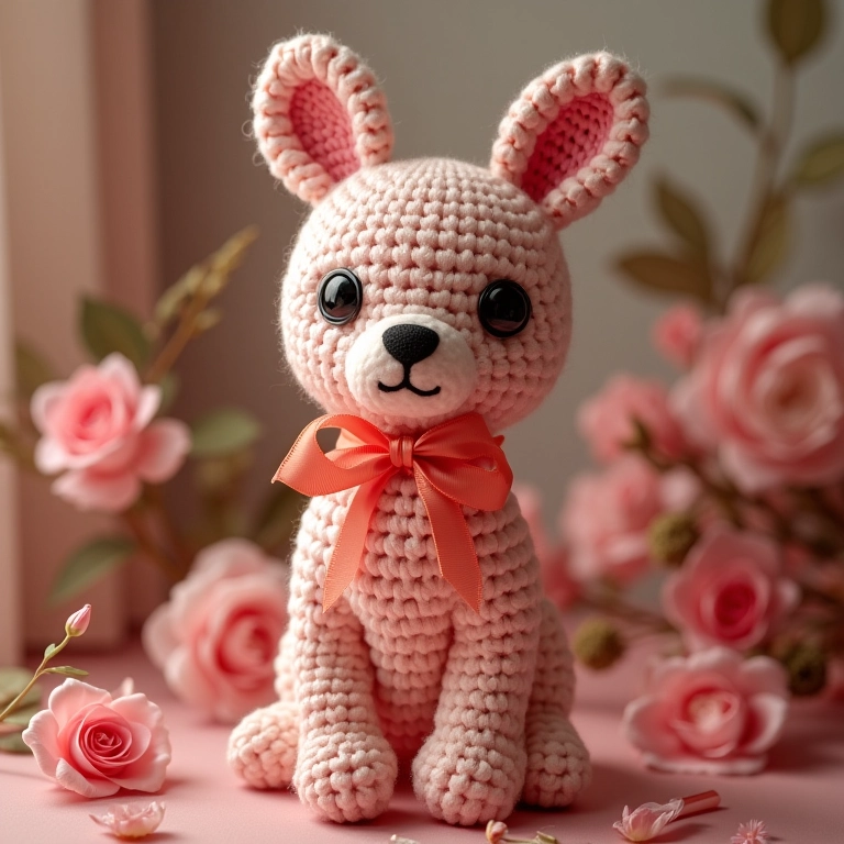 Amigurumi de porta-retrato de EVA em crochê decorado com fitas de cetim.