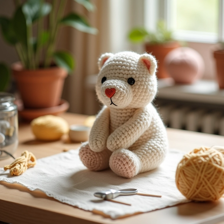 Amigurumi de porta-retrato de EVA em crochê inacabado sobre mesa de artesanato.