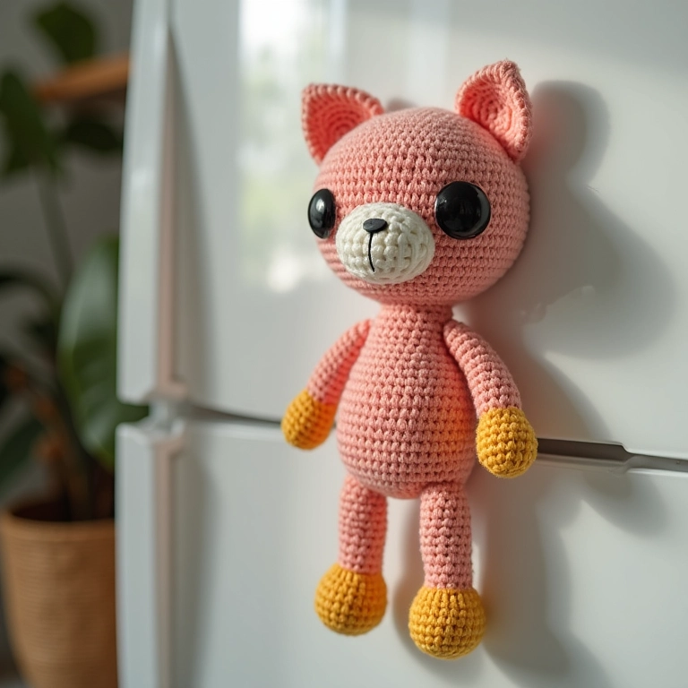 Amigurumi de porta-retrato de EVA em crochê magnético na geladeira.