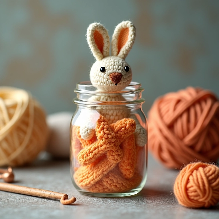 Amigurumi de pote de vidro com materiais de crochê ao redor.