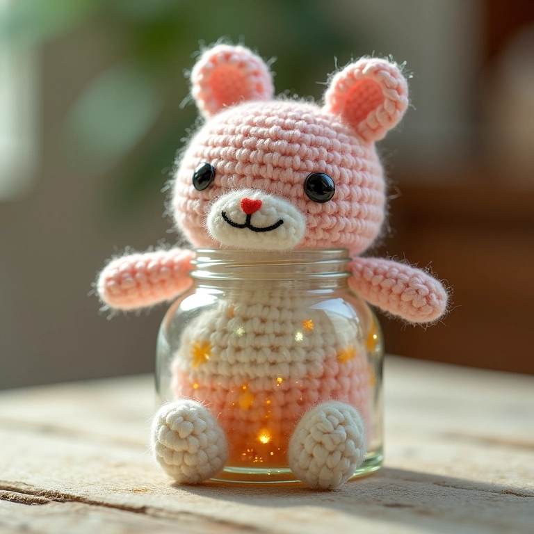Amigurumi de pote de vidro mostrando como evitar bolhas.