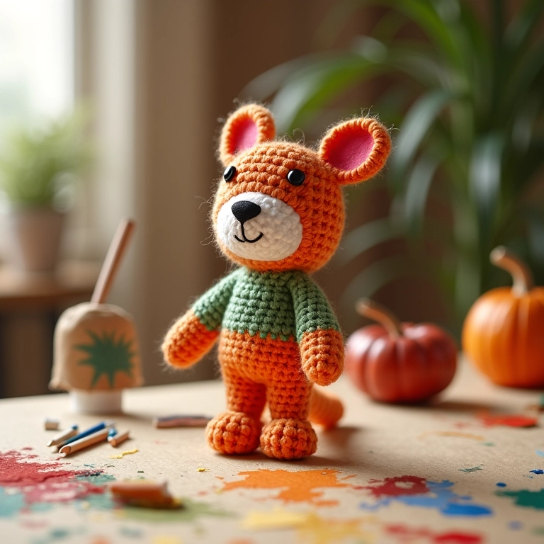 Amigurumi de rolo de pintura feito de crochê e rolo de papel higiênico.