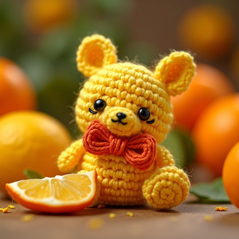 Amigurumi de sabonete com fatias de limão e laranja.