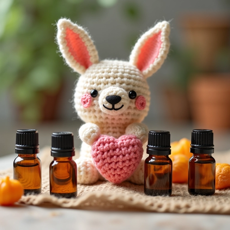 Amigurumi de sabonete com miniaturas de óleos vegetais.