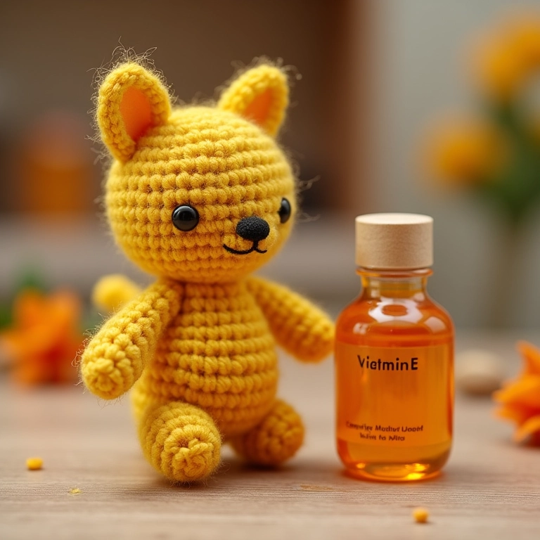 Amigurumi de sabonete e frasco de vitamina E.