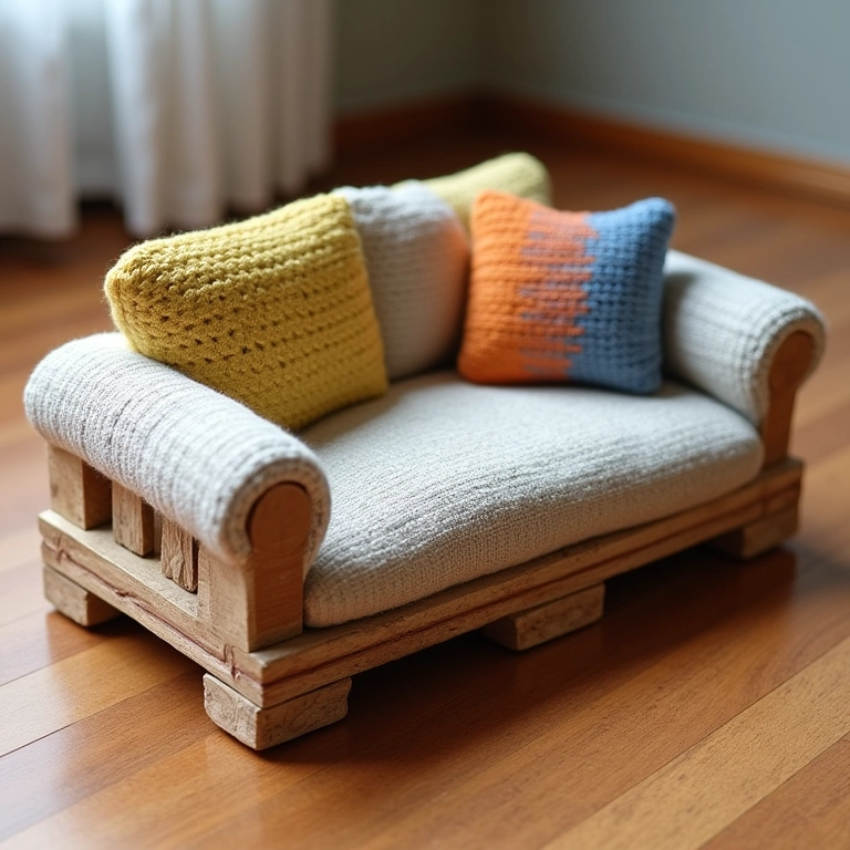 Amigurumi de sofá de canto de pallet em piso de madeira.