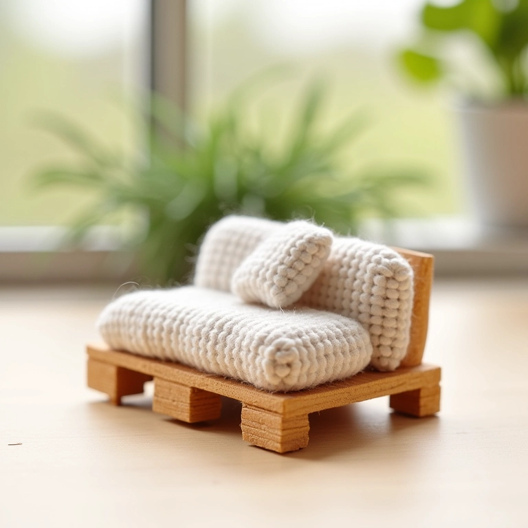 Amigurumi de sofá de pallet em miniatura.