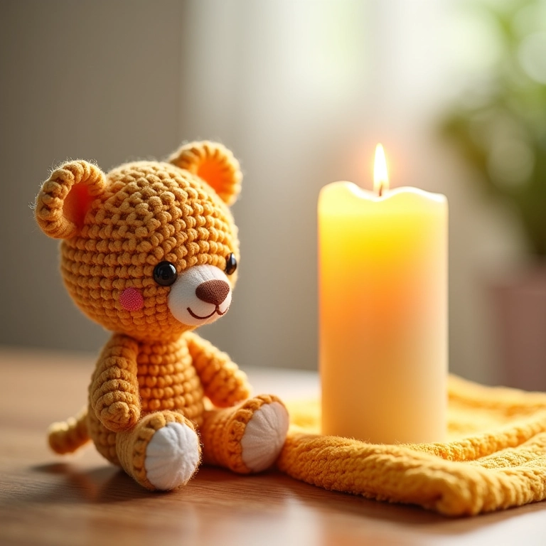 Amigurumi de vela ao lado de um pano úmido.