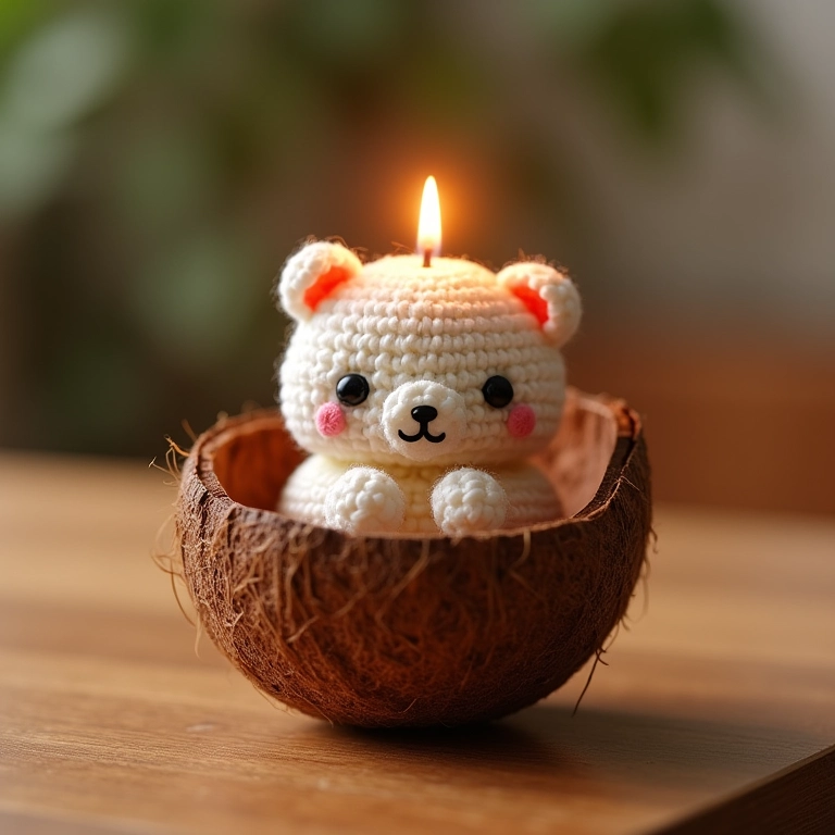 Amigurumi de vela artesanal em casca de coco, representando um produto natural e rústico.