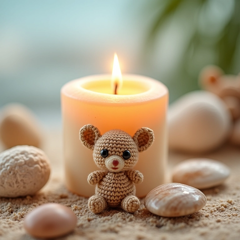Amigurumi de vela com conchas e pedras em crochê.