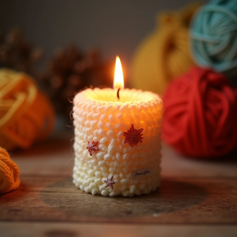 Amigurumi de vela com detalhes de crochê, ambiente aconchegante.