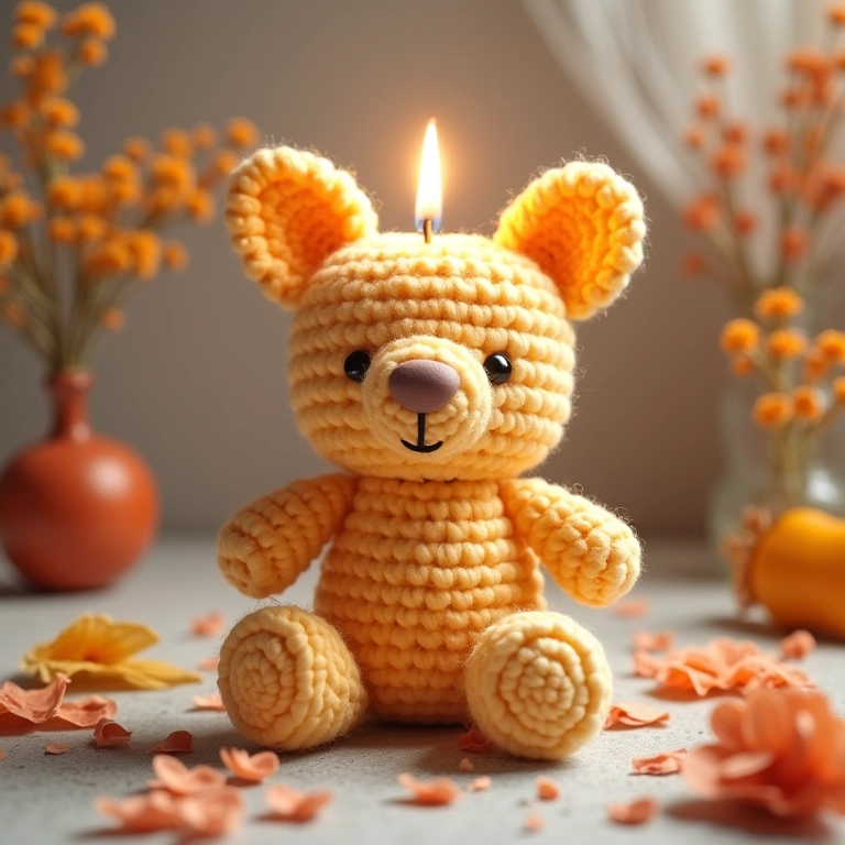 Amigurumi de vela com flores secas em crochê.