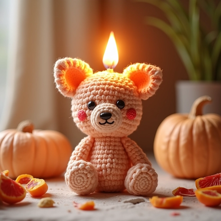 Amigurumi de vela com fotos em crochê.