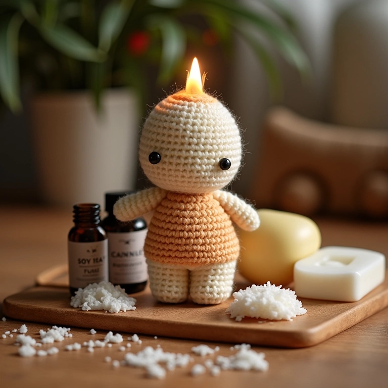 Amigurumi de vela de cera de soja em crochê artesanal.