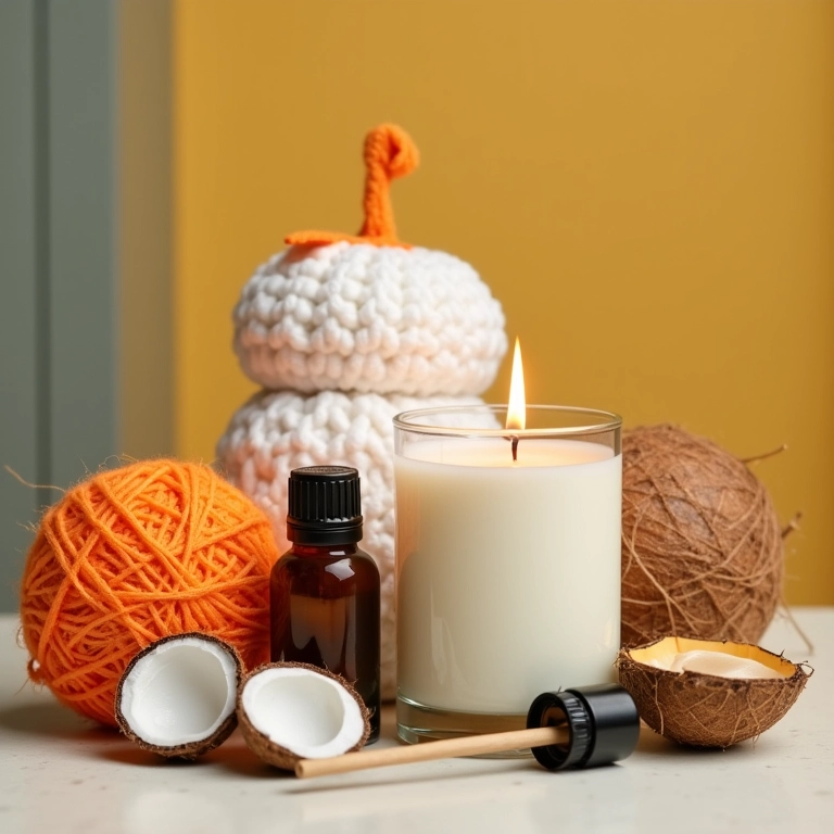 Amigurumi de vela em casca de coco com materiais: fios de crochê, cascas, óleos essenciais.