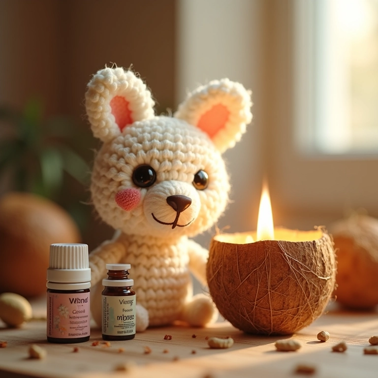 Amigurumi de vela em casca de coco com óleos essenciais, destacando a quantidade ideal.