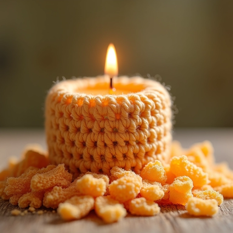 Amigurumi de vela sobre flocos de cera de soja.
