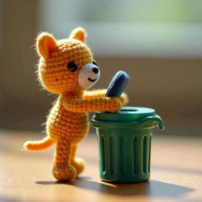 Amigurumi descartando celular de crochê em lixo eletrônico.