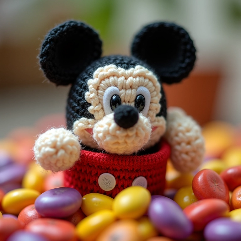 Amigurumi do Mickey dentro de um saquinho de doces personalizado.
