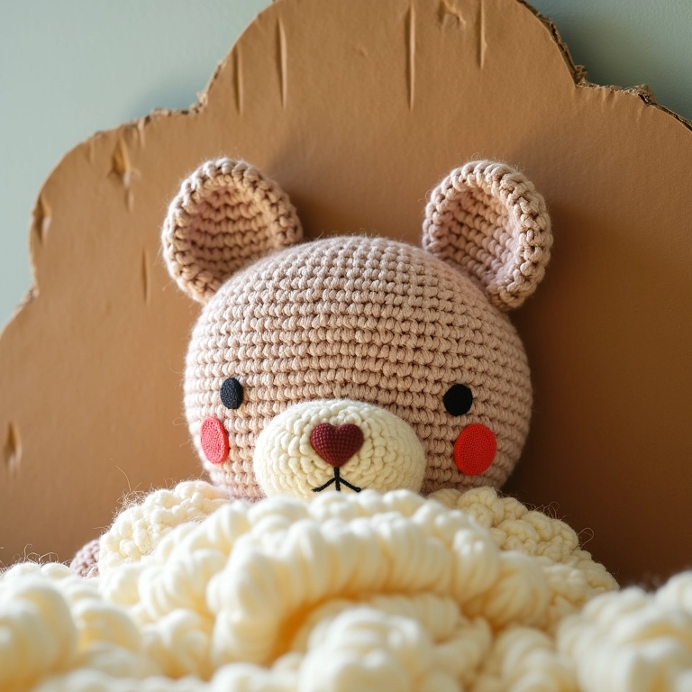 Amigurumi em close-up de cabeceira feita de papelão reciclado.