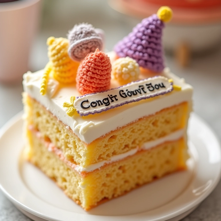 Amigurumi fatia de bolo com 'Parabéns Formando'.