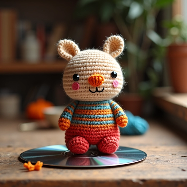 Amigurumi feito com restos de lã e CD reciclado.