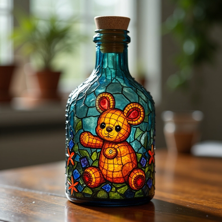 Amigurumi imitando pintura vitral em garrafa de vidro, arte e luz em uma única peça.