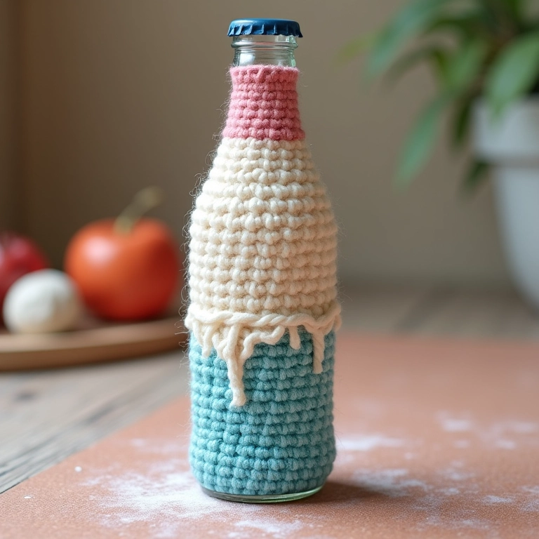 Amigurumi imitando tinta spray em garrafa de vidro, decoração criativa com crochê.
