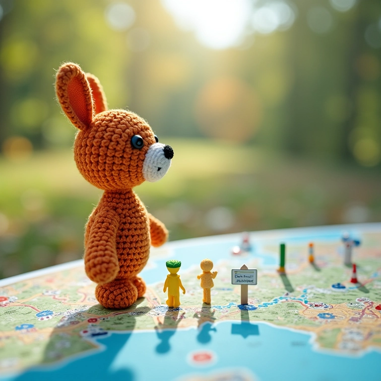 Amigurumi olhando mapa da cidade com coleta seletiva.