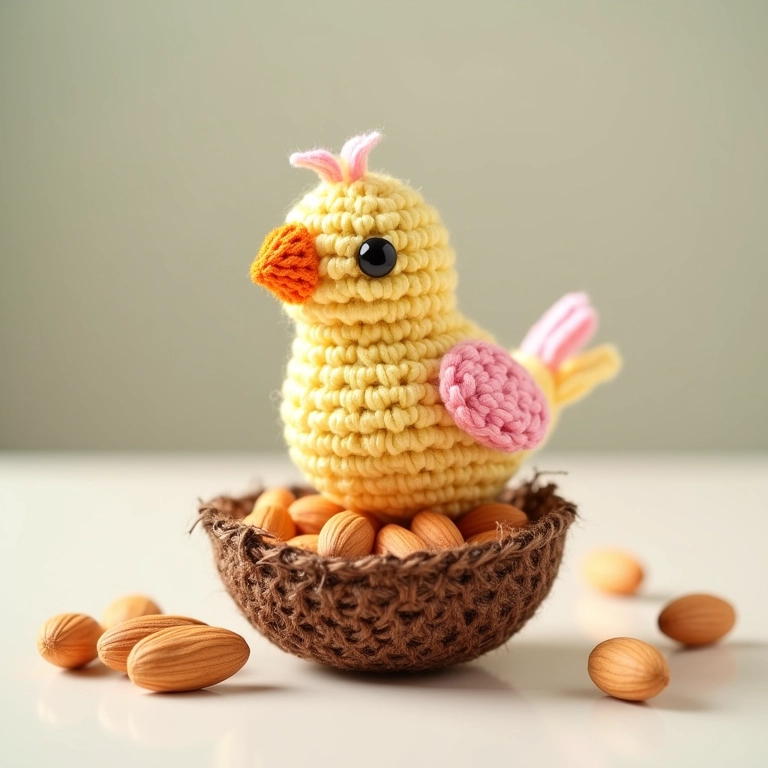 Amigurumi passarinho em ninho com amêndoas confeitadas.