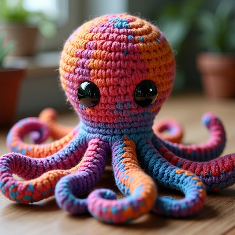Amigurumi polvo com efeito de pintura fluida, cores vibrantes.