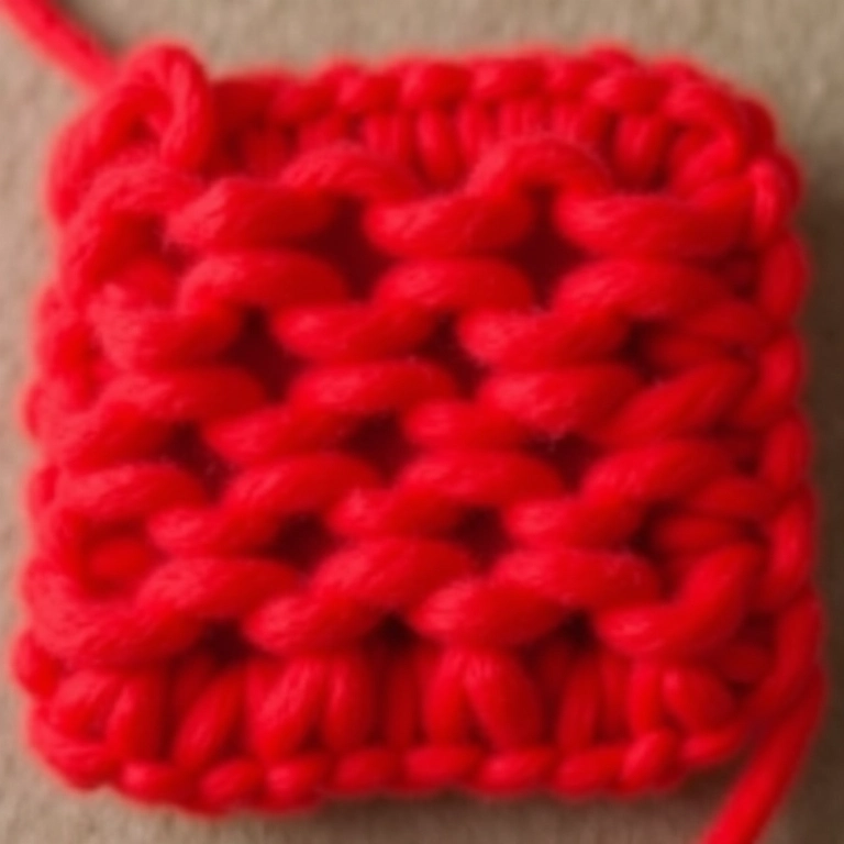Amigurumi quadrado vermelho mostrando como evitar cruzamentos de fio.