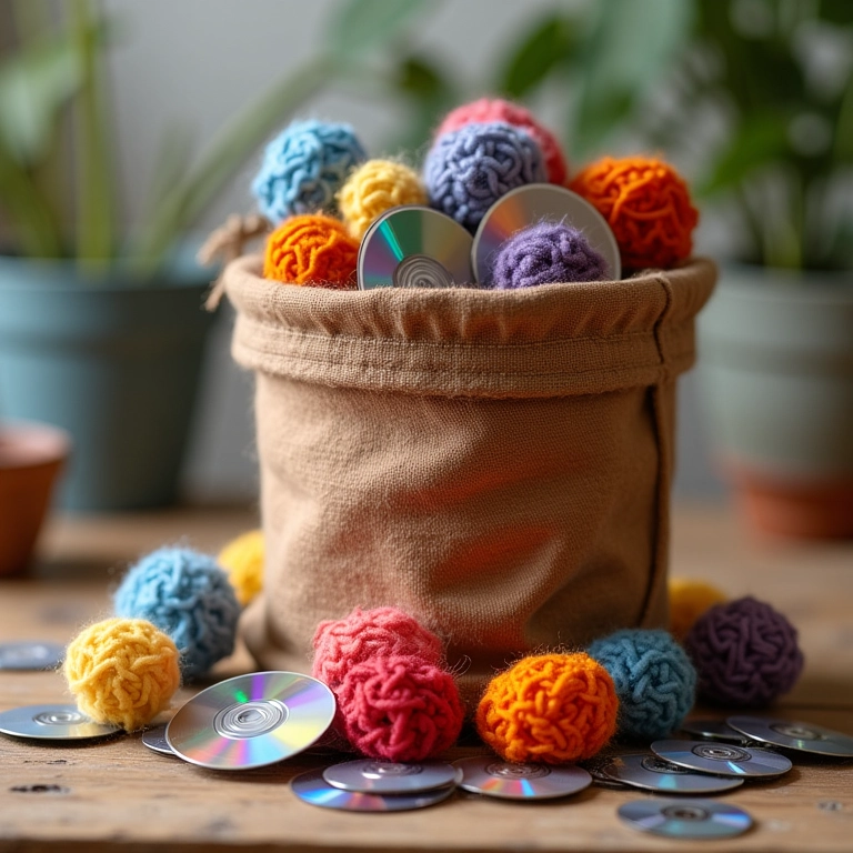 Amigurumi representando lixeira de reciclagem de CDs cheia de CDs de crochê coloridos.