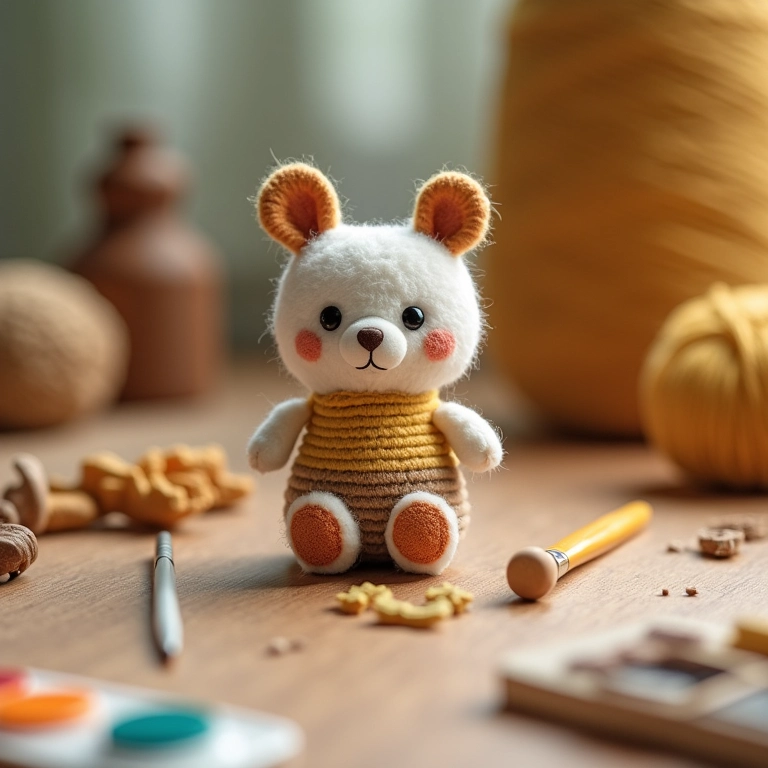 Amigurumi representando materiais para pintura em MDF: pincéis, tintas, madeira e novelos de lã.
