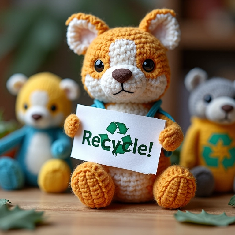 Amigurumi segurando banner 'Recicle!' com símbolos de reciclagem.